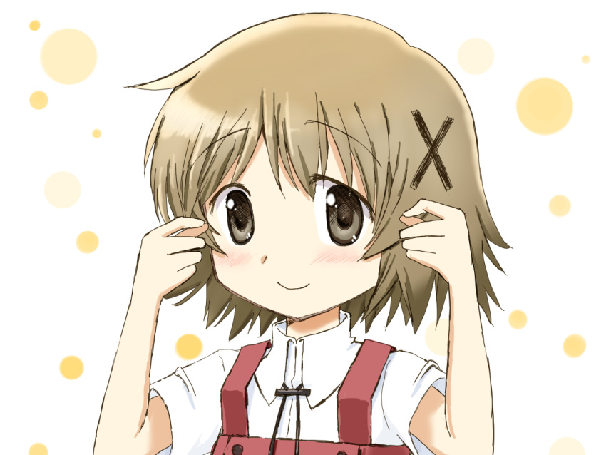 1girl, black_ribbon, brown_eyes, brown_hair, character_name, dress, dress_shirt, hair_ornament, hidamari_sketch, kinfuji, looking_at_viewer, mouth_hold, pinafore_dress, polka_dot, polka_dot_background, ribbon, school_uniform, shirt, short_hair, solo, upper_body, white_background, white_shirt, x_hair_ornament, yamabuki_school_uniform, yuno_(hidamari_sketch)