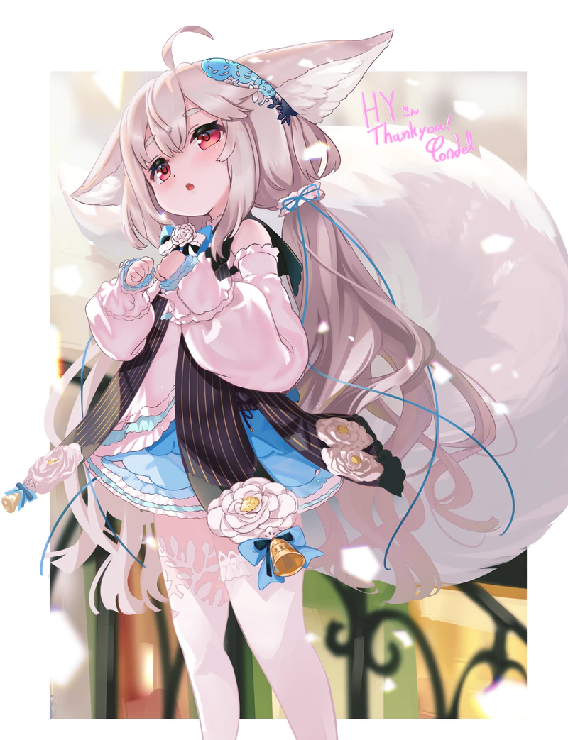 1girl, :o, animal_ear_fluff, animal_ears, bell, commission, detached_sleeves, dress