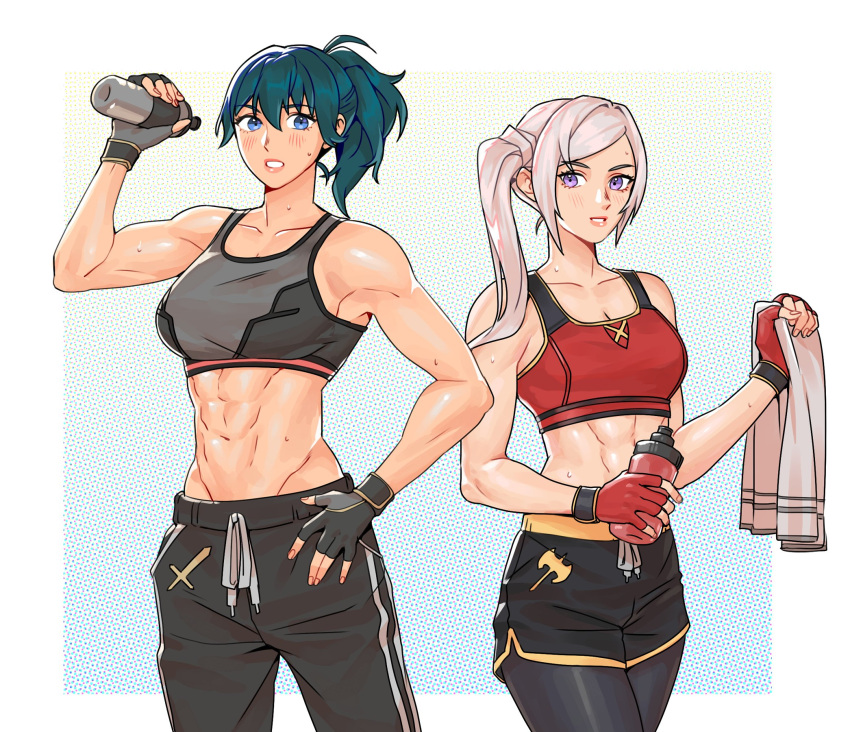 2girls, abs, adapted_costume, alternate_hairstyle, biceps, blue_eyes, blue_hair, bottle