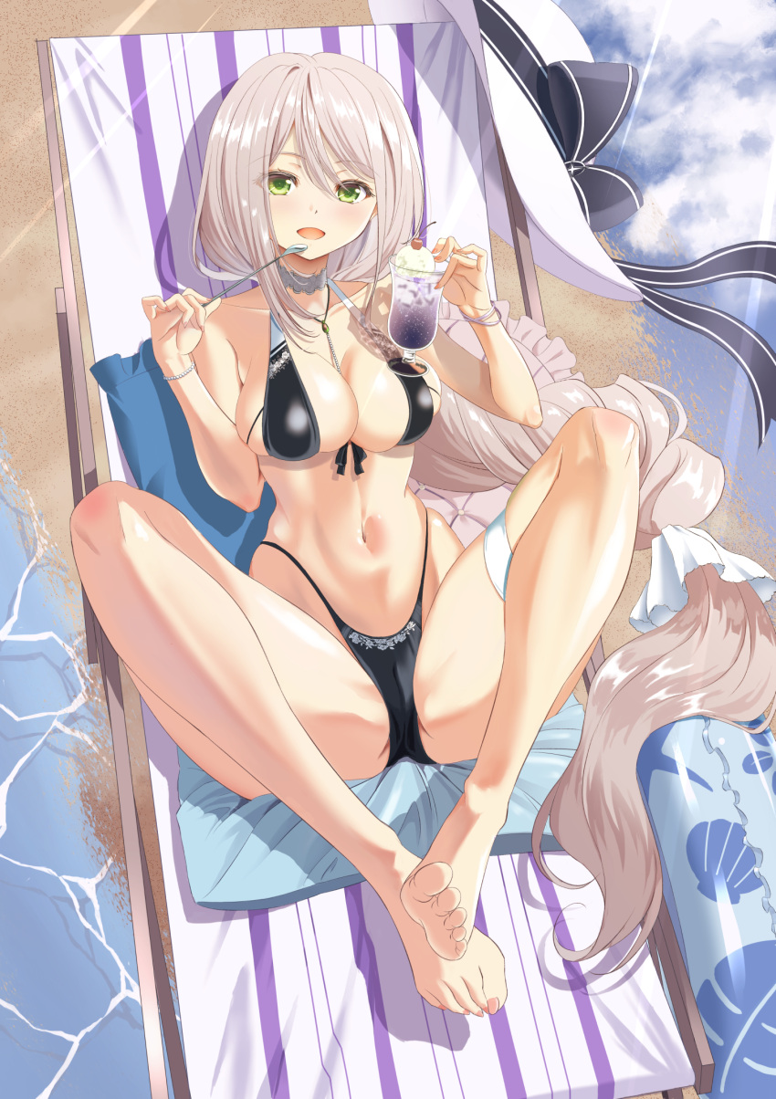 1girl, aquila_(azur_lane), azur_lane, barefoot, bikini, black_bikini, breasts, chair