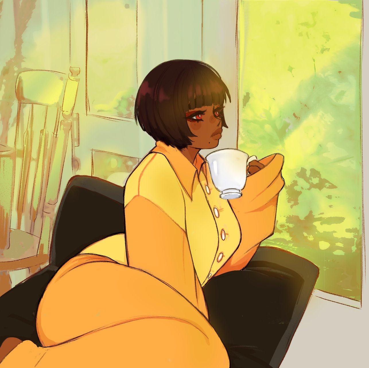1girl, baggy_clothes, bangs, barefoot, black_hair, blunt_bangs, blush_stickers, bowl_cut