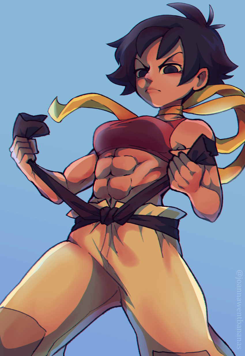 1girl, abs, absurdres, adjusting_belt, belt, biceps, black_belt, black_eyes