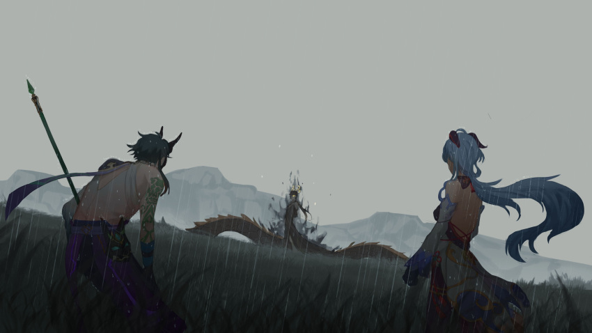 1girl, 2boys, absurdres, ahoge, arm_tattoo, aura, back, backboob