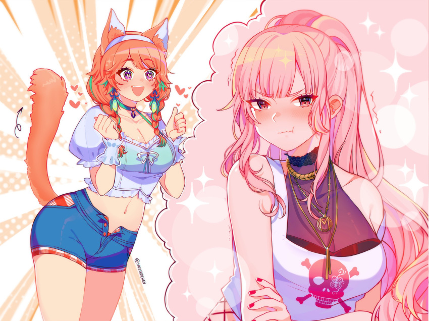2girls, :d, :t, animal_ears, arrow_(symbol), bare_shoulders, blush, braid