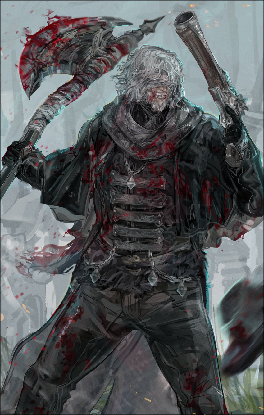 1boy, absurdres, axe, bandage_on_face, bandages, beard, black_coat, blood