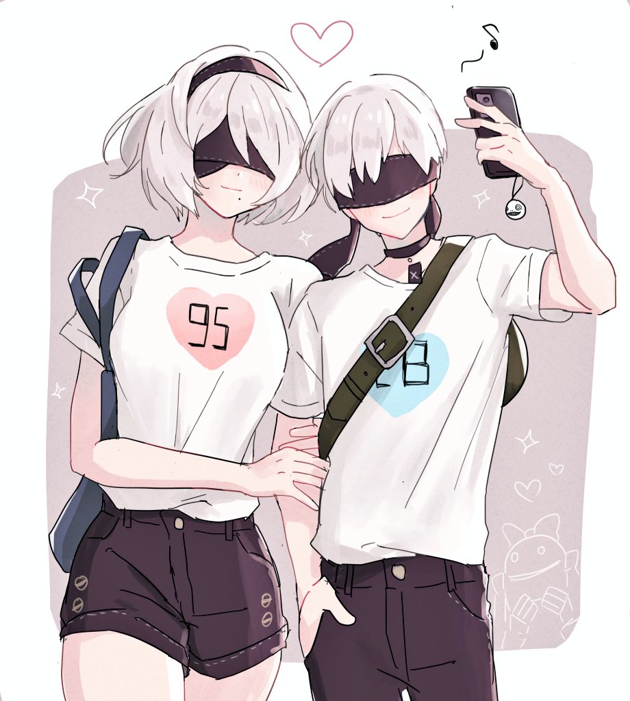 1boy, 1girl, bag, black_hairband, black_shorts, blindfold, blue_heart, blush, border, breasts, casual, cellphone, choker, couple, cowboy_shot, dinikee, hairband, heart, hetero, holding_another, large_breasts, mole, mole_under_mouth, nier_(series), nier_automata, phone, pink_heart, selfie, shirt, short_hair, short_shorts, short_sleeves, shorts, smartphone, smile, t-shirt, white_border, white_hair, white_shirt, yorha_no._2_type_b, yorha_no._9_type_s