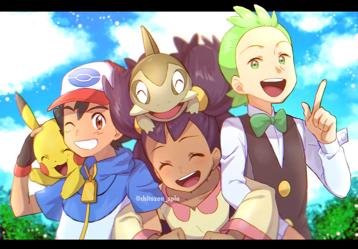 1girl, 2boys, :d, artist_name, ash_ketchum, axew, bangs, baseball_cap, black_hair, blue_jacket, blurry, bow, bowtie, brown_eyes, brown_vest, chitozen_(pri_zen), cilan_(pokemon), closed_eyes, clouds, commentary_request, day, eyelashes, fingerless_gloves, gen_1_pokemon, gen_5_pokemon, gloves, green_eyes, green_hair, green_neckwear, grin, hat, index_finger_raised, iris_(pokemon), jacket, letterboxed, locked_arms, long_hair, long_sleeves, looking_at_viewer, multiple_boys, no_sclera, on_head, one_eye_closed, open_mouth, outdoors, pikachu, pokemon, pokemon_(anime), pokemon_(creature), pokemon_bw_(anime), pokemon_on_back, pokemon_on_head, purple_hair, shirt, short_sleeves, sky, smile, tongue, upper_teeth, vest, watermark, white_shirt, zipper_pull_tab, |d