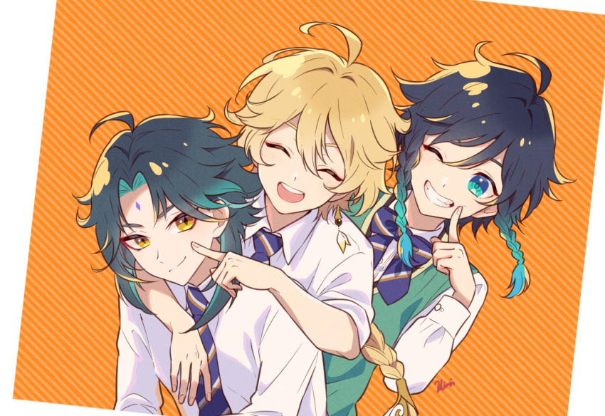 3boys, ahoge, albedo_(genshin_impact), androgynous, bangs, black_hair, blonde_hair, blue_hair