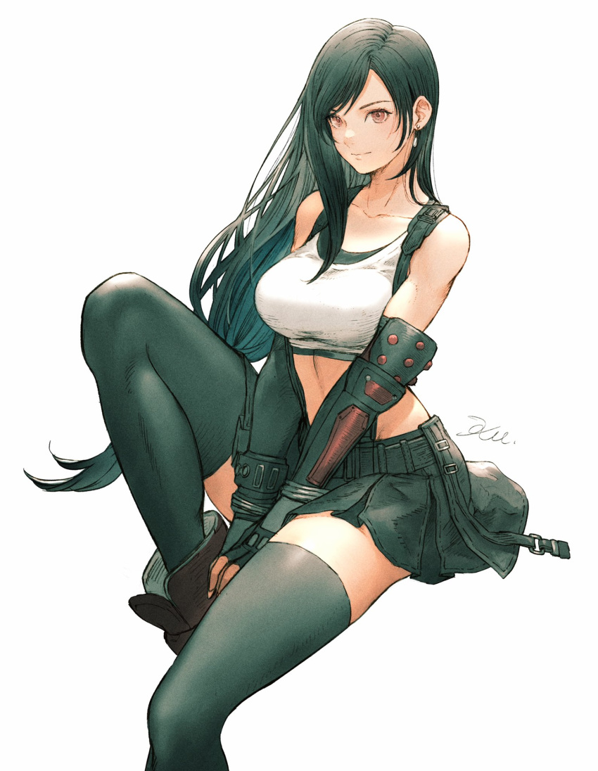 1girl, black_hair, black_skirt, boots, crop_top, earrings, elbow_pads, final_fantasy, final_fantasy_vii, fingerless_gloves, gloves, highres, jewelry, kuroimori, long_hair, looking_at_viewer, low-tied_long_hair, midriff, pencil_skirt, shirt, sitting, skirt, suspender_skirt, suspenders, suspenders_gap, tank_top, taut_clothes, taut_shirt, thigh-highs, tifa_lockhart, watermark, white_background, white_tank_top