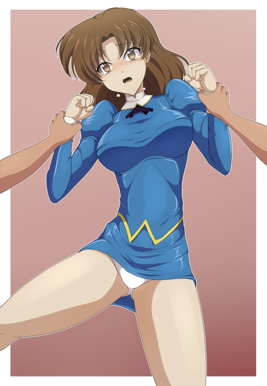1girl, absurdres, agent_aika, aika_(series), black_neckwear, blue_delmo, blue_delmo_b, blue_jacket, blue_skirt, blush, brown_eyes, brown_hair, clam_curry, cravat, delmogeny_uniform, hands_up, highres, holding, jacket, juliet_sleeves, long_hair, long_sleeves, open_mouth, panties, pantyshot, pencil_skirt, puffy_sleeves, restrained, skirt, solo_focus, standing, tears, underwear, uniform, white_panties