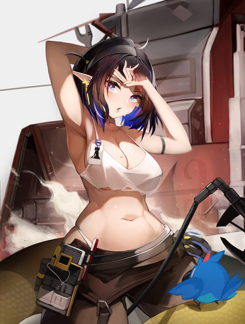 1girl, absurdres, arknights, armpits, bird, blue_eyes, breasts, clearhand