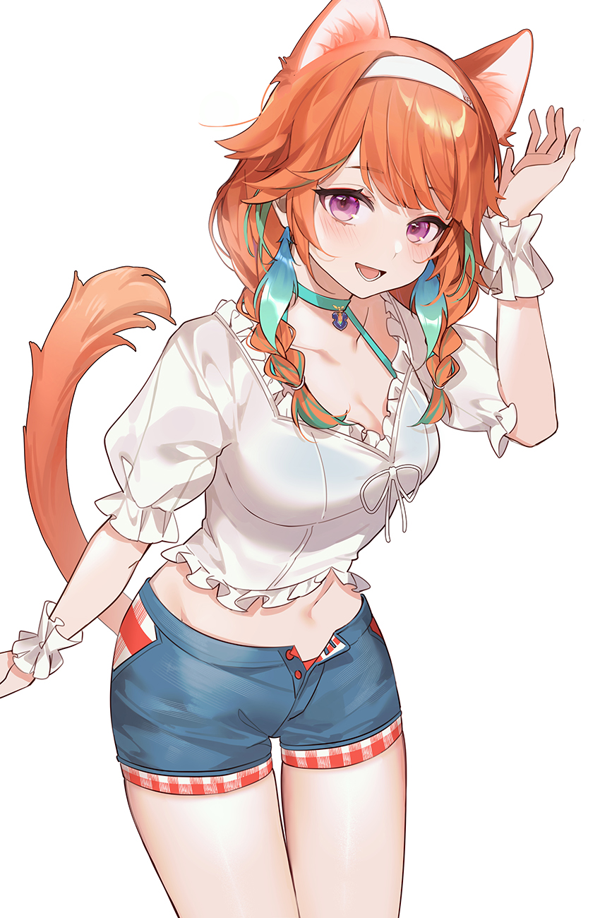 1girl, :d, animal_ears, aqua_bikini, arm_up, bikini, bikini_bottom, bikini_top