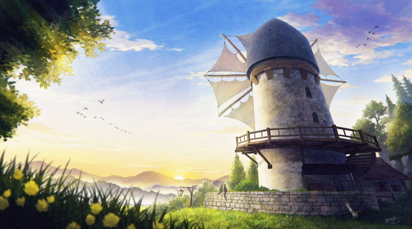 bird, blurry, blurry_foreground, building, cat, flock, flower, kaminaga_mutsumi, lantern, mountainous_horizon, no_humans, original, outdoors, photoshop_(medium), scenery, stairs, sun, tree, windmill