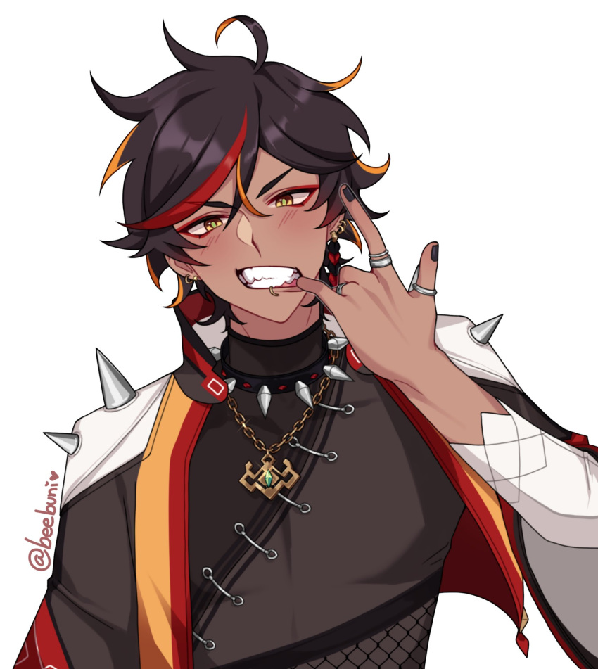 1boy, \m/, bangs, beebunii, black_hair, black_nails, blush, brown_hair, choker, dark_skin, dark_skinned_male, earrings, english_commentary, eyebrows_visible_through_hair, finger_in_mouth, fishnets, genderswap, genderswap_(ftm), genshin_impact, gold_necklace, grin, highres, jacket, jewelry, lip_piercing, looking_at_viewer, multicolored_hair, nail_polish, necklace, open_clothes, open_jacket, open_mouth, orange_hair, piercing, redhead, ring, shoulder_spikes, smile, solo, sparkle, spiked_choker, spikes, streaked_hair, symbol_commentary, teeth, twitter_username, white_background, xinyan_(genshin_impact), yellow_eyes