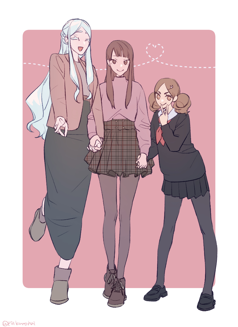 3girls, age_difference, alternate_costume, alternate_hair_color, bangs, belt, black_footwear, black_legwear