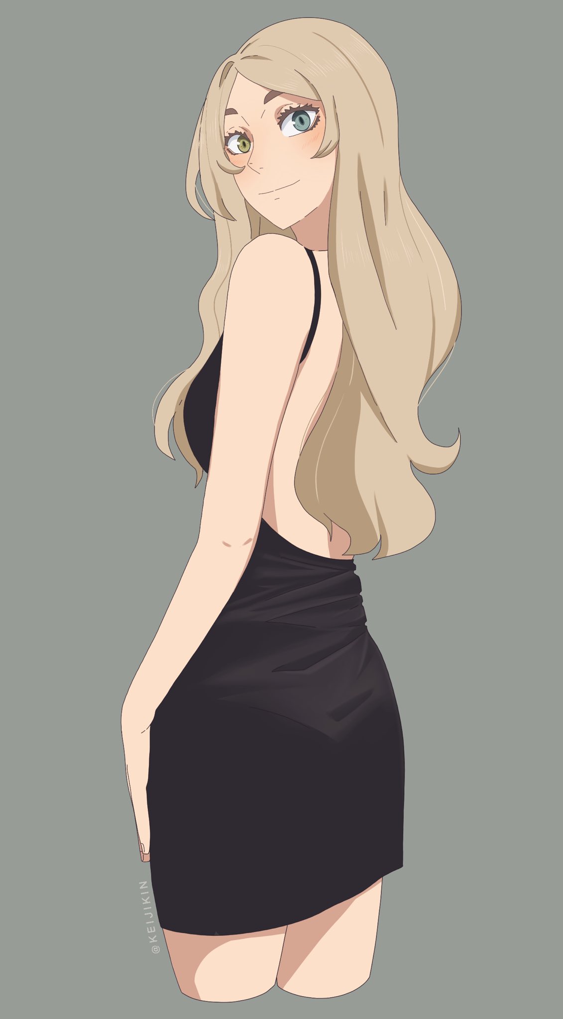 1girl, back, backless_dress, backless_outfit, bare_arms, bare_back, bare_shoulders, black_dress, blonde_hair, blue_eyes, blush, breasts, commentary, cowboy_shot, cropped_legs, dress, evening_gown, eyebrows, eyelashes, green_eyes, haiba_arisa, haikyuu!!, heterochromia, highres, keijikin, long_hair, looking_at_viewer, looking_back, medium_breasts, photo-referenced, short_dress, simple_background, sleeveless, sleeveless_dress, smile, solo, spaghetti_strap, thighs, twitter_username