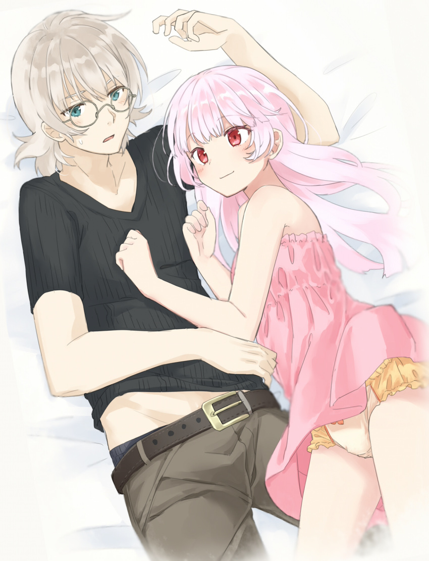 1boy, 1girl, arm_up, bangs, bare_arms, bare_shoulders, bed_sheet, belt