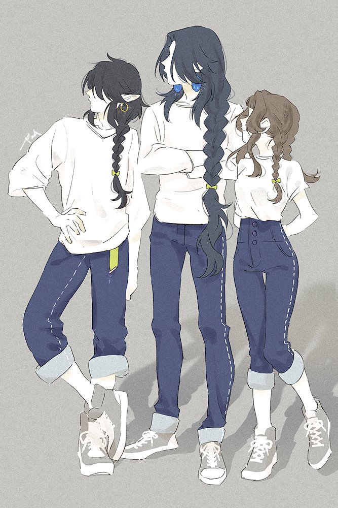 1girl, 2boys, arms_behind_back, black_hair, blue_pants, braid, brown_hair, crossed_arms