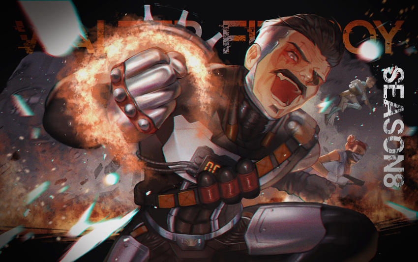 1boy, 2girls, apex_legends, bad_to_the_bone_lifeline, bandana, bangalore_(apex_legends), black_hair, cable