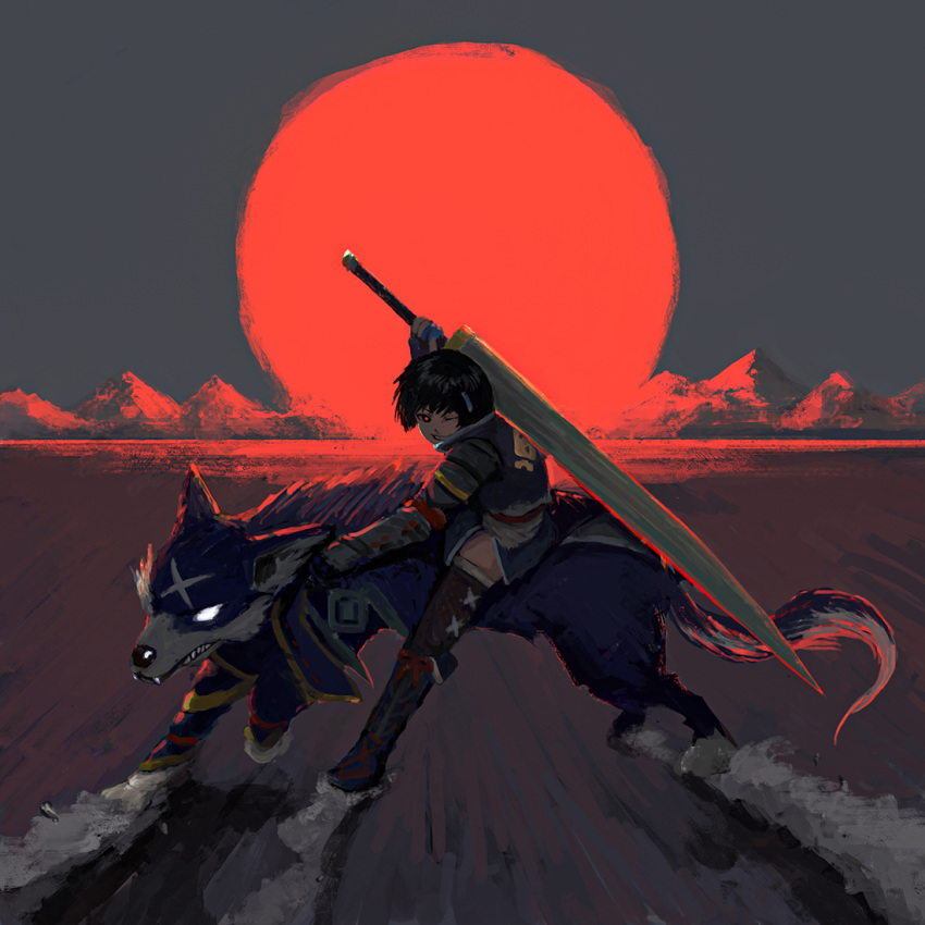1girl, akira, armor, artist_request, bangs, black_hair, canyne, dog, eyebrows_visible_through_hair, full_body, gloves, hair_between_eyes, hair_ornament, headband, holding, japanese_clothes, kamura_(armor), looking_at_viewer, monster_hunter_(series), monster_hunter_rise, parody, short_hair, simple_background, smile, solo, sword, thigh-highs, weapon
