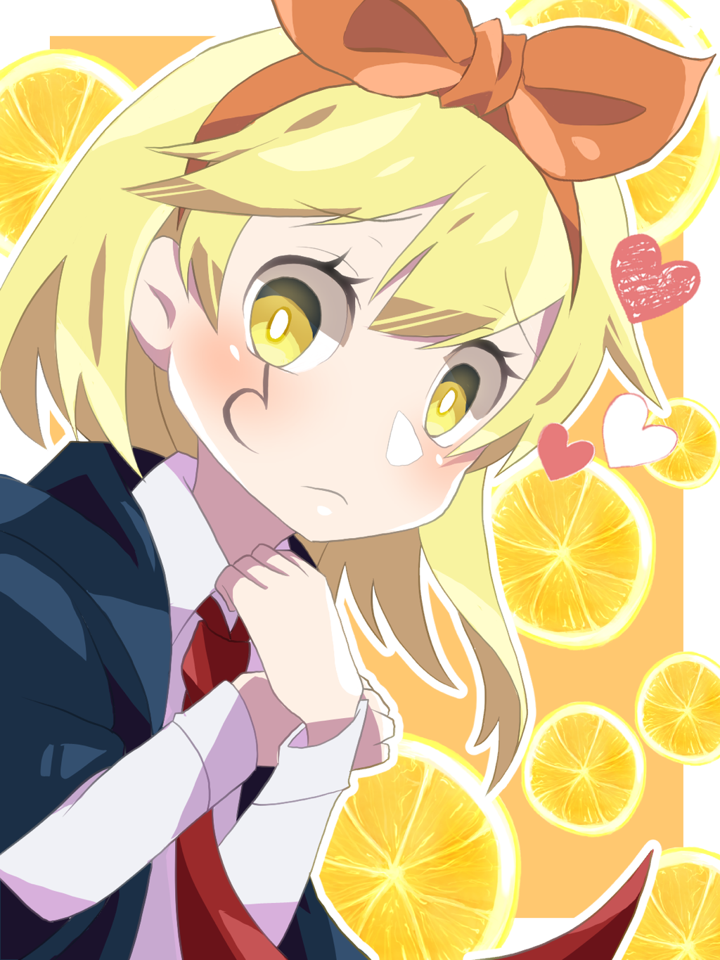 1girl, blonde_hair, blush, bow, facial_mark, food, frown, fruit