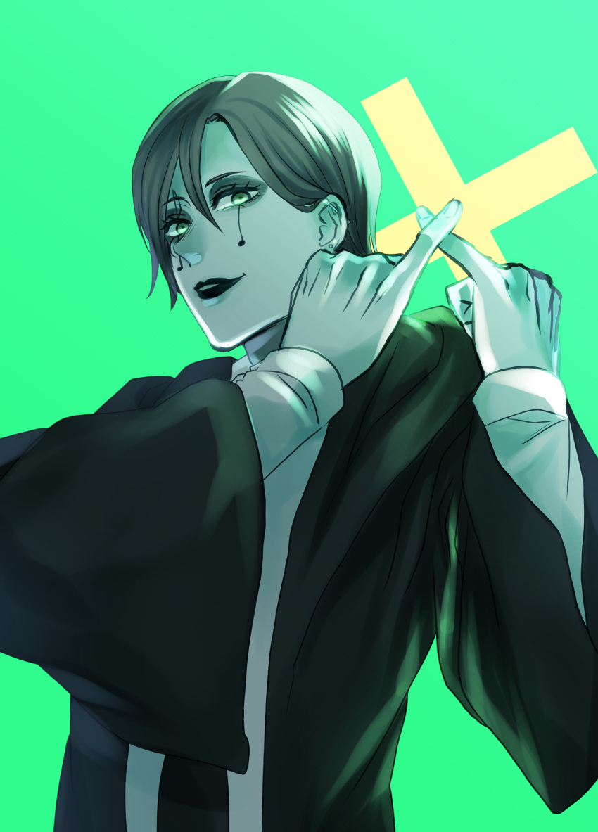 absurdres, black_lips, facial_mark, green_background, green_eyes, hair_between_eyes, highres, lipstick