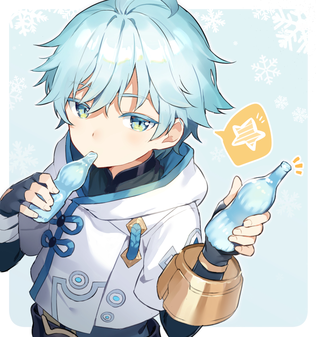 1boy, ahoge, bangs, black_shirt, blue_background, border, candy, chongyun_(genshin_impact)