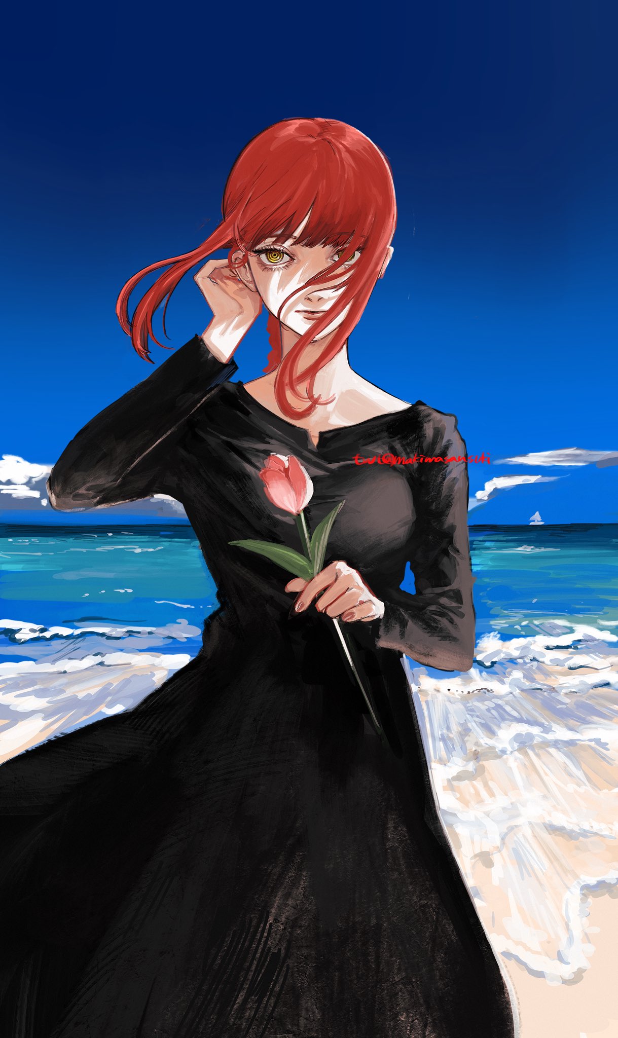 1girl, beach, black_dress, blue_sky, braid, braided_ponytail, breasts, chainsaw_man