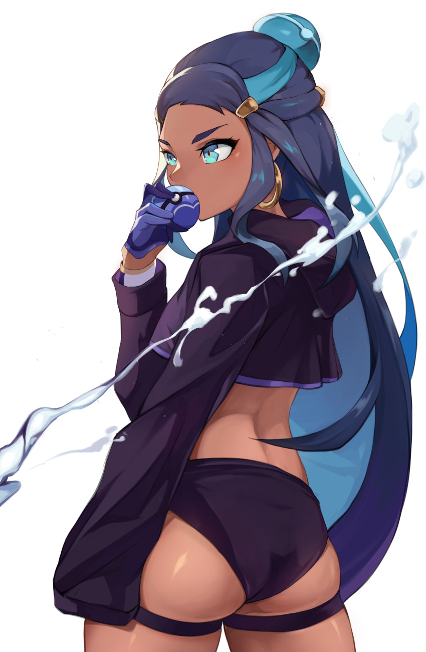 1girl, absurdres, alternate_costume, ass, black_hair, blue_eyes, blue_hair, clearhand