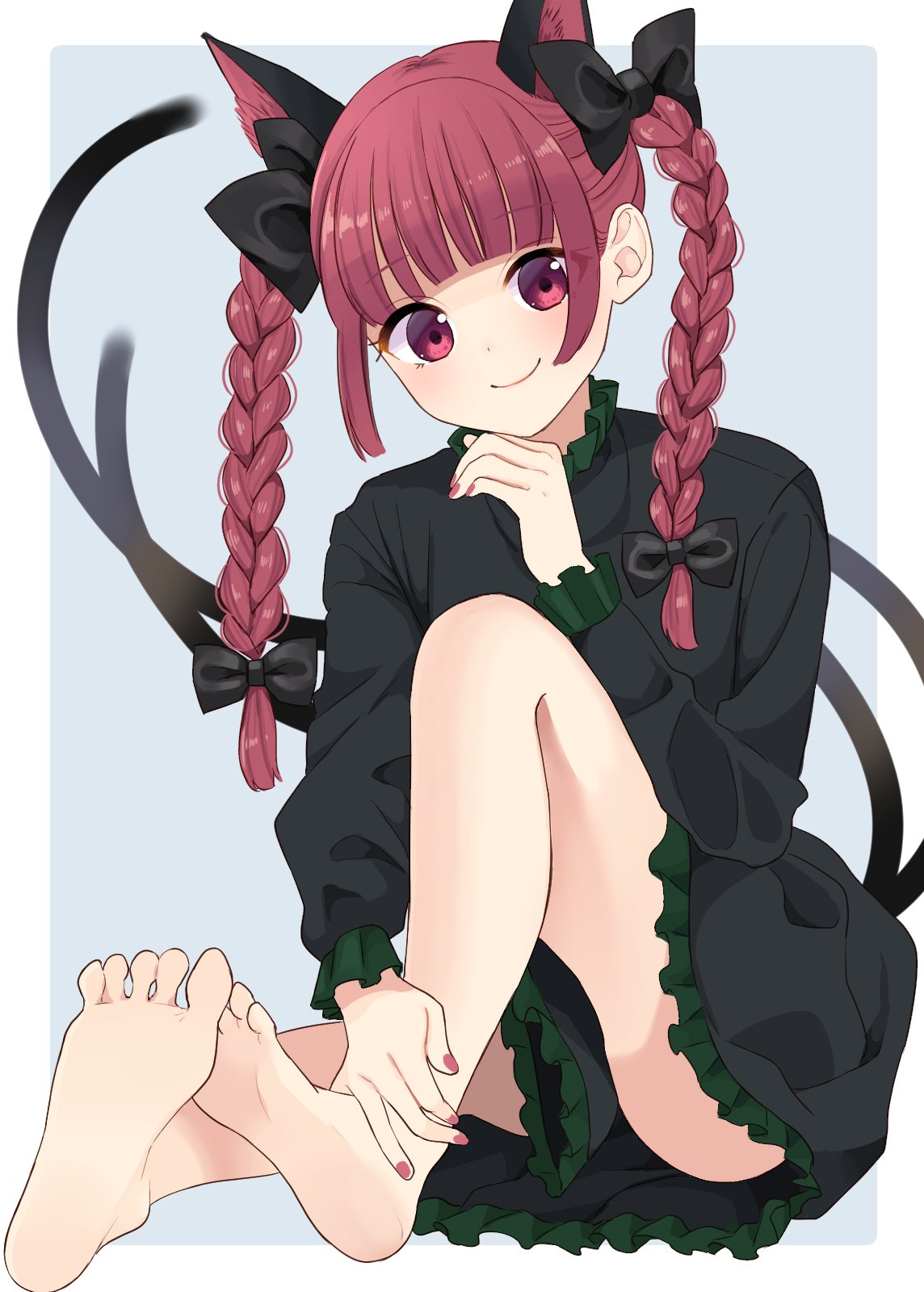 1girl, animal_ears, bad_feet, bangs, black_bow, blunt_bangs, blush, bow