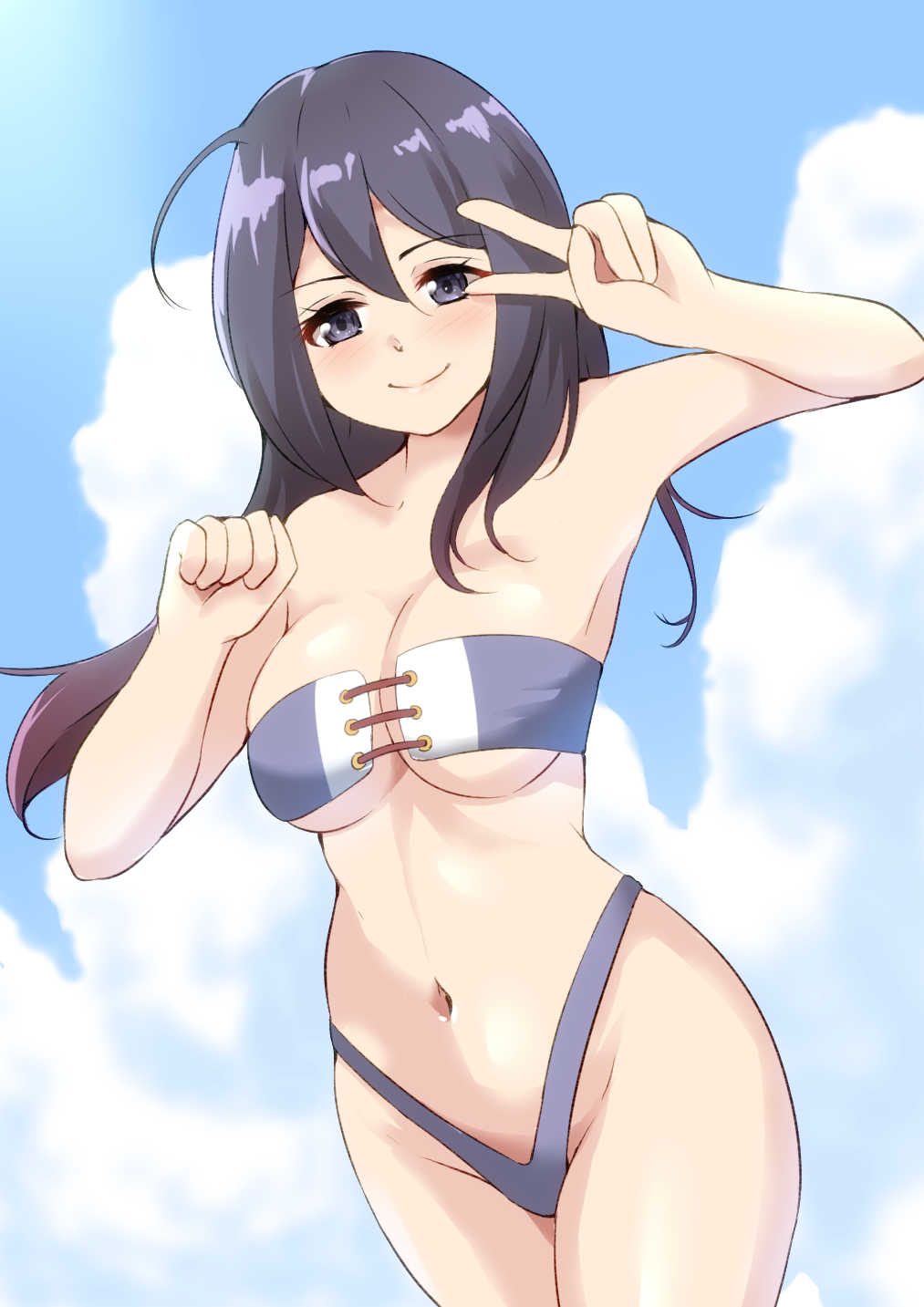 1girl, ariake_(kancolle), bikini, black_eyes, black_hair, blue_sky, breasts, clouds