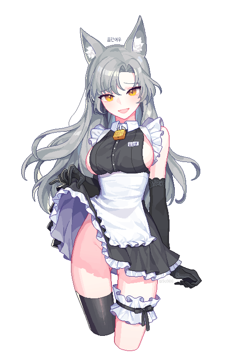 1girl, :d, animal_ear_fluff, animal_ears, animated, animated_gif, apron, artist_request, black_gloves, black_legwear, breasts, commission, cowboy_shot, cropped_legs, elbow_gloves, frills, gloves, highres, large_breasts, lifted_by_self, long_hair, mole, mole_above_eye, mole_under_eye, open_mouth, original, second-party_source, sideboob, silver_hair, simple_background, single_thighhigh, skirt, skirt_lift, smile, solo, thigh-highs, white_background, yellow_eyes
