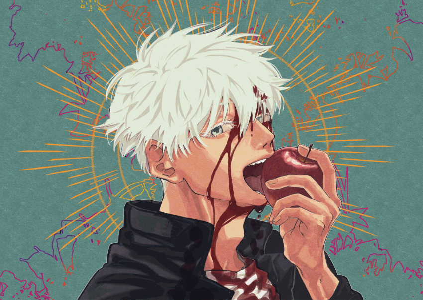1boy, bangs, black_jacket, bleeding, blood, blood_on_face, bloody_clothes, blue_background