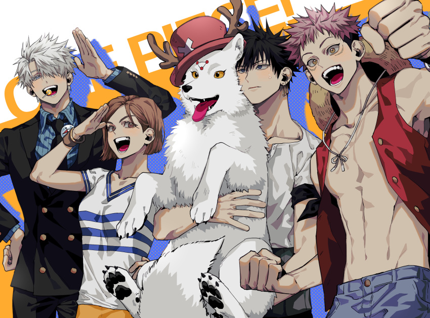 1girl, 3boys, :d, abs, animal, antlers, arm_up, bangs