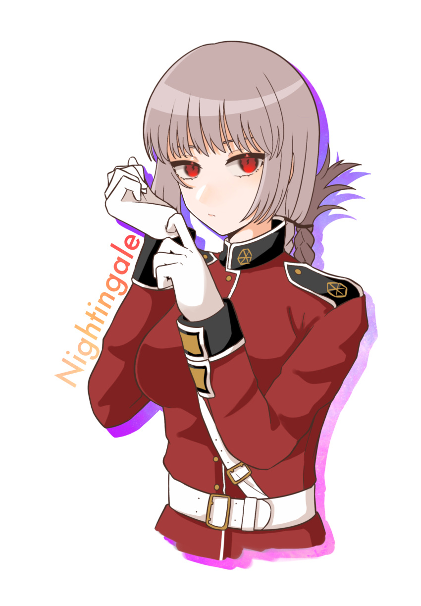1girl, bangs, belt, braid, braided_ponytail, breasts, character_name, closed_mouth, english_text, fate/grand_order, fate_(series), florence_nightingale_(fate), glove_pull, gloves, highres, jacket, large_breasts, long_hair, long_sleeves, looking_at_viewer, military, military_uniform, pink_hair, red_eyes, red_jacket, sirius_kae, solo, uniform, white_background, white_gloves