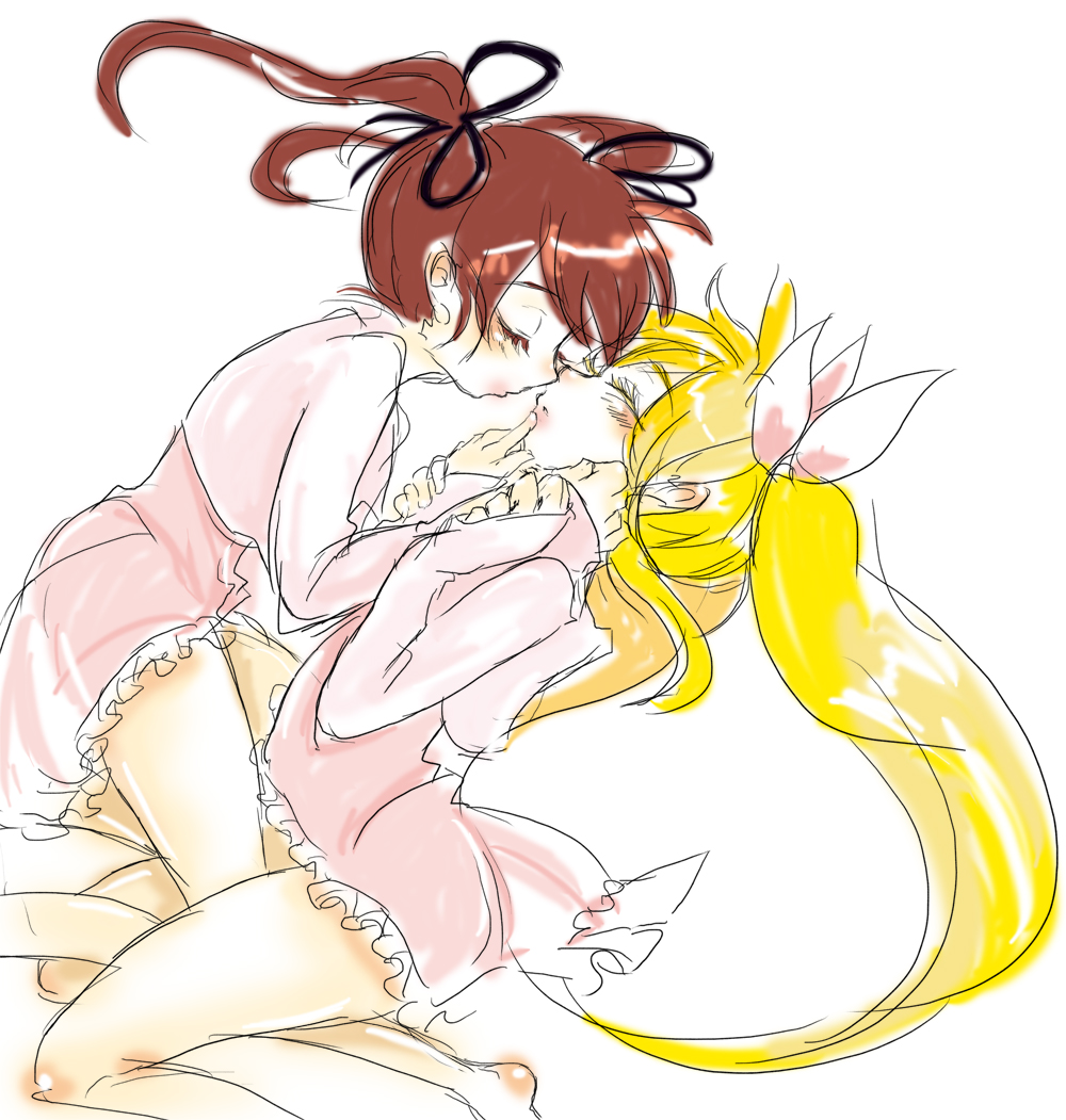 brown_hair, closed_eyes, dress, fate_testarossa, incipient_kiss, kaprice, long_hair, mahou_shoujo_lyrical_nanoha