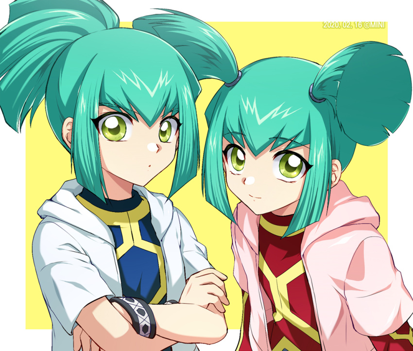 1boy, 1girl, 2020, aqua_hair, bangs, border, brother_and_sister, closed_mouth