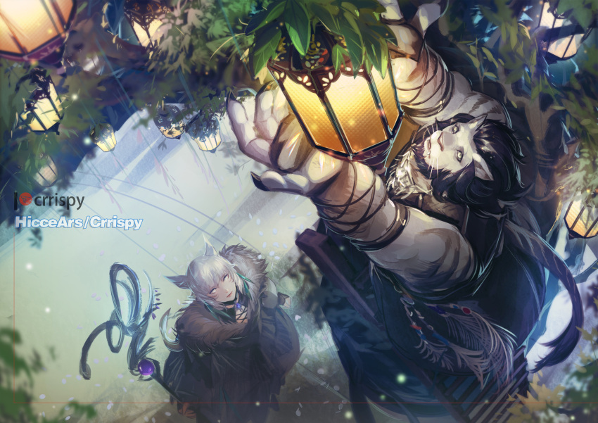 1boy, 1girl, absurdres, animal_ears, arms_up, black_hair, cat_ears, cat_tail
