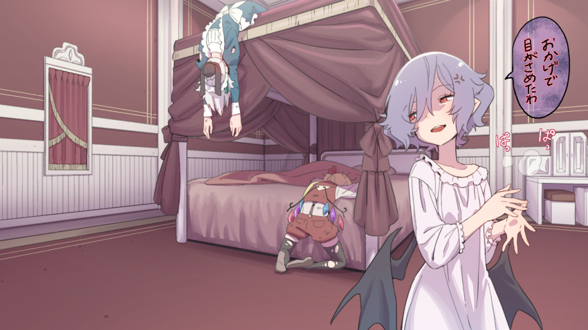 3girls, anger_vein, bat_wings, bed, black_legwear, blonde_hair, blue_dress, brown_footwear