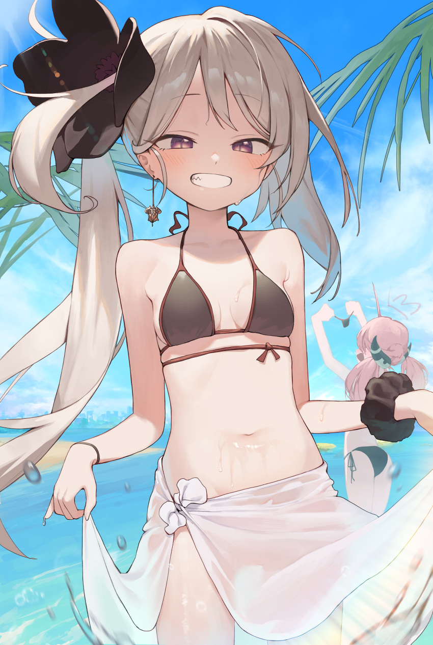 2girls, ^^^, absurdres, aru_(blue_archive), bikini, black_bikini, blue_archive, blue_sky