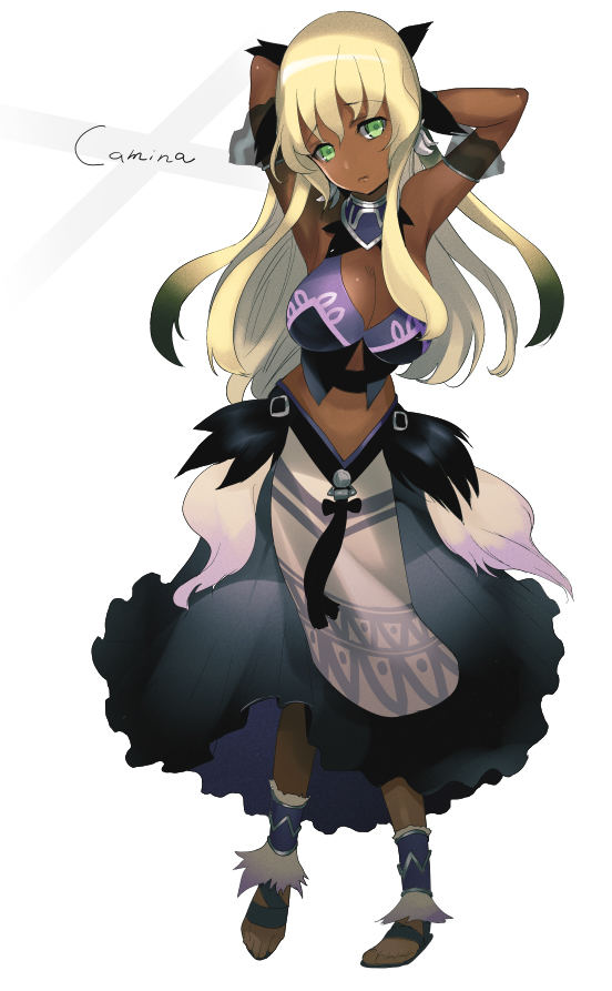 arms_behind_head, arms_up, blonde_hair, breasts, character_request, cleavage, dark_skin, fur, fuurai_no_shiren, green_eyes, hair_ribbon, kamina_(shiren_the_wanderer), large_breasts, long_hair, midriff, ribbon, sandals, simple_background, skirt, solo, udk