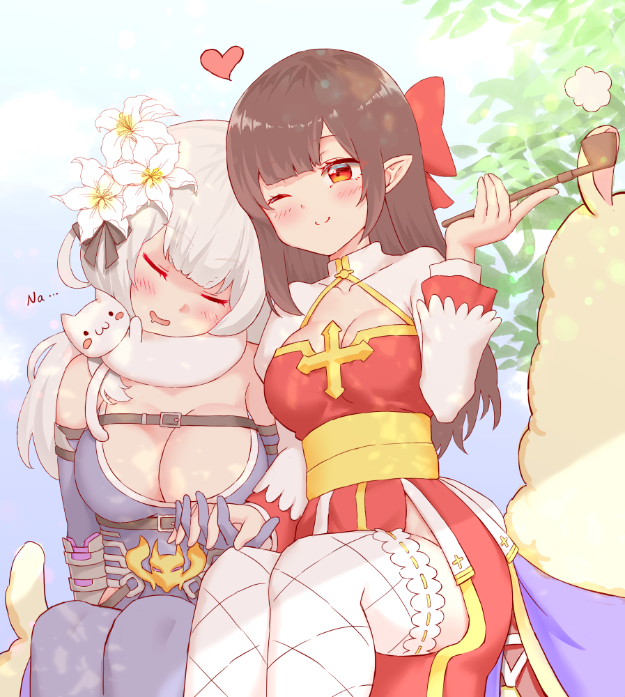 2girls, :3, alpaca, animal, animal_around_neck, archbishop_(ragnarok_online), bangs, belt