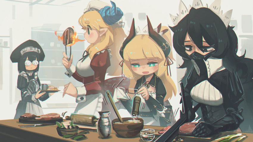 4girls, :d, absurdres, armor, bangs, black_eyes, black_hair, blonde_hair