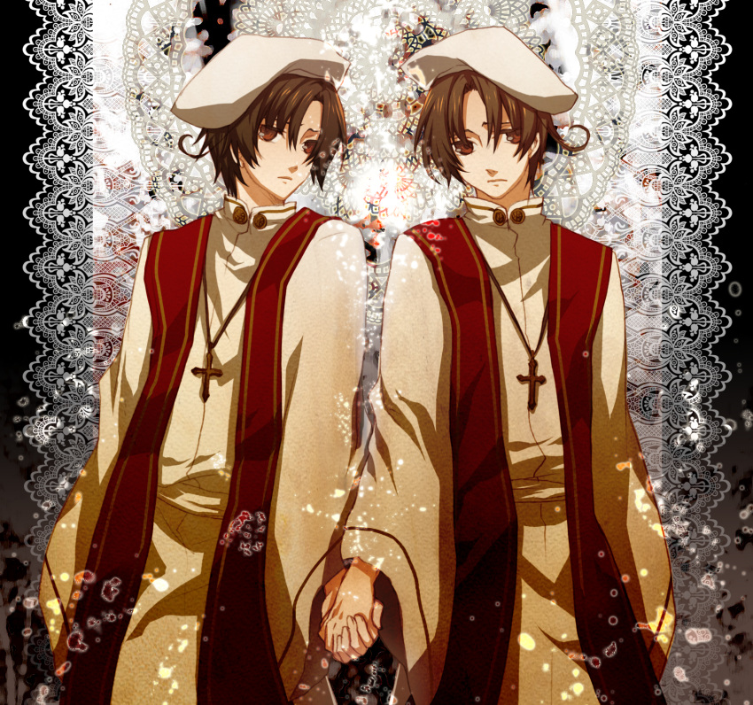 2boys, ahoge, axis_powers_hetalia, brown_hair, hat, kiskil-llira, male, northern_italy_(hetalia), southern_italy_(hetalia)
