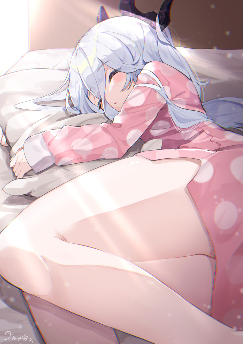1girl, bangs, bare_legs, blue_archive, blush, closed_eyes, commentary, eyebrows_visible_through_hair