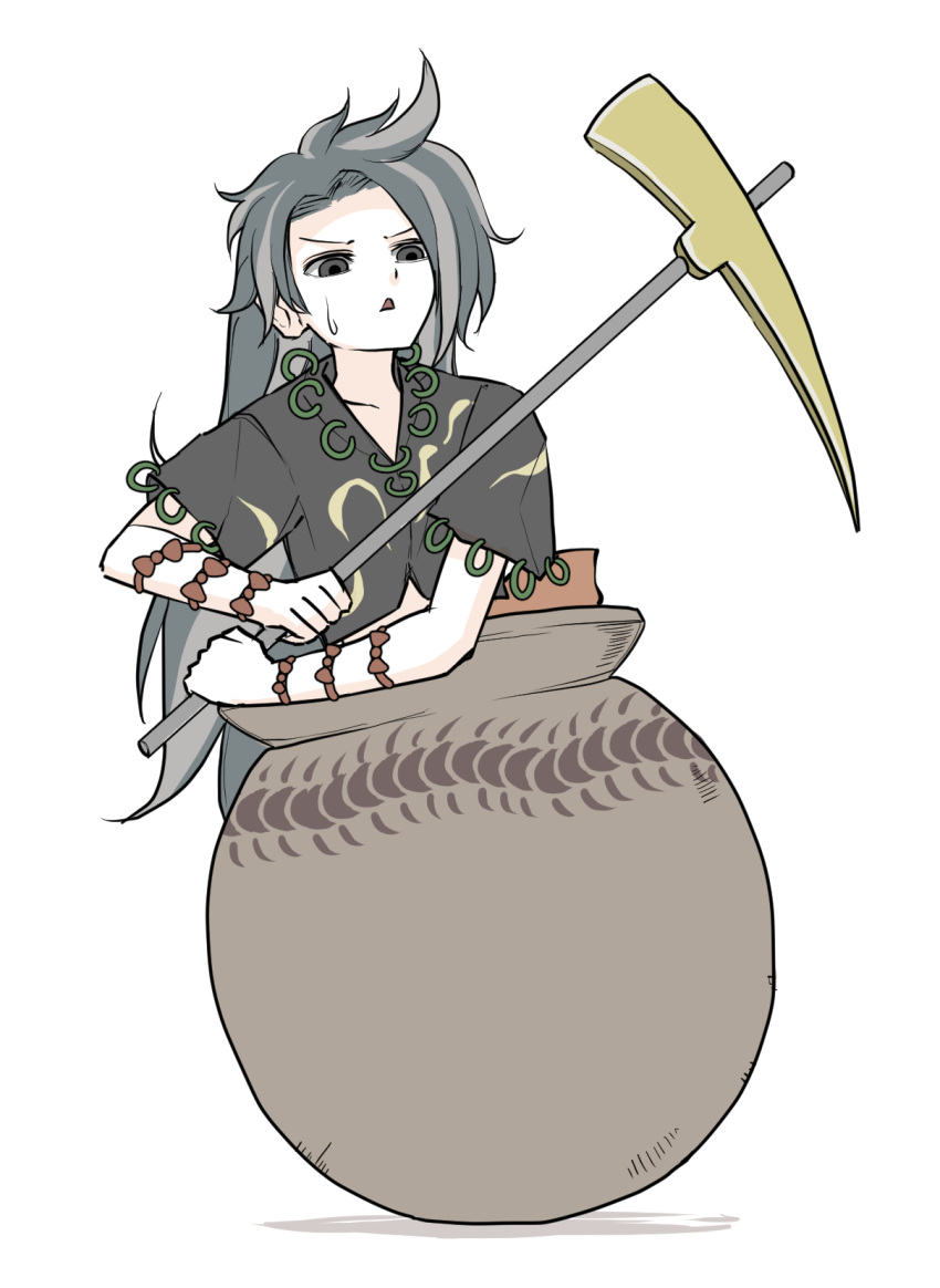 1girl, bangs, black_shirt, bug, cauldron, centipede, getting_over_it, grey_eyes