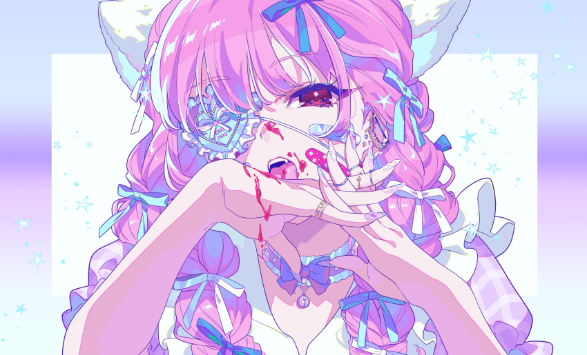 1girl, animal_ears, bandaid, bandaid_on_face, bangs, bell, blue_eyepatch, bow, braid, cat_ears, choker, ear_piercing, earrings, eyebrows_visible_through_hair, eyepatch, fangs, finger_licking, frilled_choker, frilled_eyepatch, frills, gradient, gradient_background, hair_bow, half-closed_eyes, heart, heart_eyepatch, highres, jam, jewelry, jingle_bell, licking, long_hair, looking_at_viewer, multiple_hair_bows, multiple_rings, nail_art, neck_bell, original, piercing, pink_bow, pink_eyes, pink_hair, pink_shirt, plaid, plaid_shirt, puffy_short_sleeves, puffy_sleeves, ribbon, ring, shirt, short_sleeves, solo, star_(symbol), twin_braids, two-tone_background, upper_body, very_long_hair, white_bow, white_ribbon, yuigahama_(user_nevh3547)