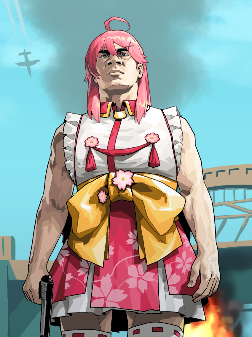 1girl, absurdres, ahoge, aircraft, airplane, bare_arms, bare_shoulders, closed_mouth