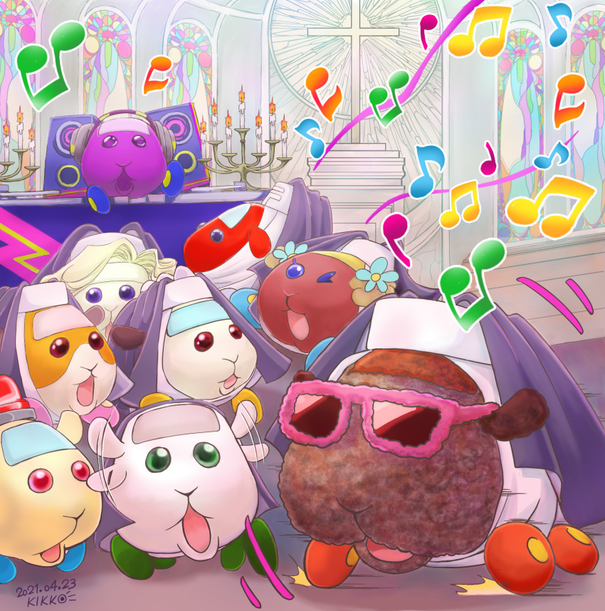 :o, artist_name, beamed_eighth_notes, blonde_hair, blue_eyes, candle, candlestand, character_request, church, cross, crossover, eighth_note, green_eyes, habit, highres, indoors, kikko-9981, molcar, musical_note, patrol_molcar, pui_pui_molcar, quarter_note, red_eyes, shiromo_(pui_pui_molcar), sister_act, speaker, stained_glass, stereo_molcar, sunglasses, teddy_(pui_pui_molcar)