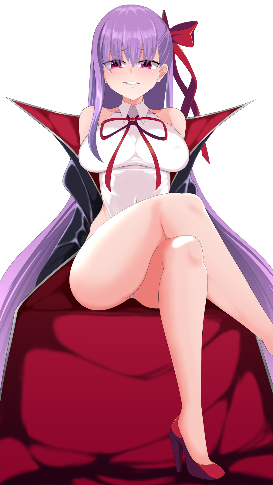 1girl, bangs, bare_shoulders, bb_(fate)_(all), bb_(swimsuit_mooncancer)_(fate), black_coat, blush, breasts